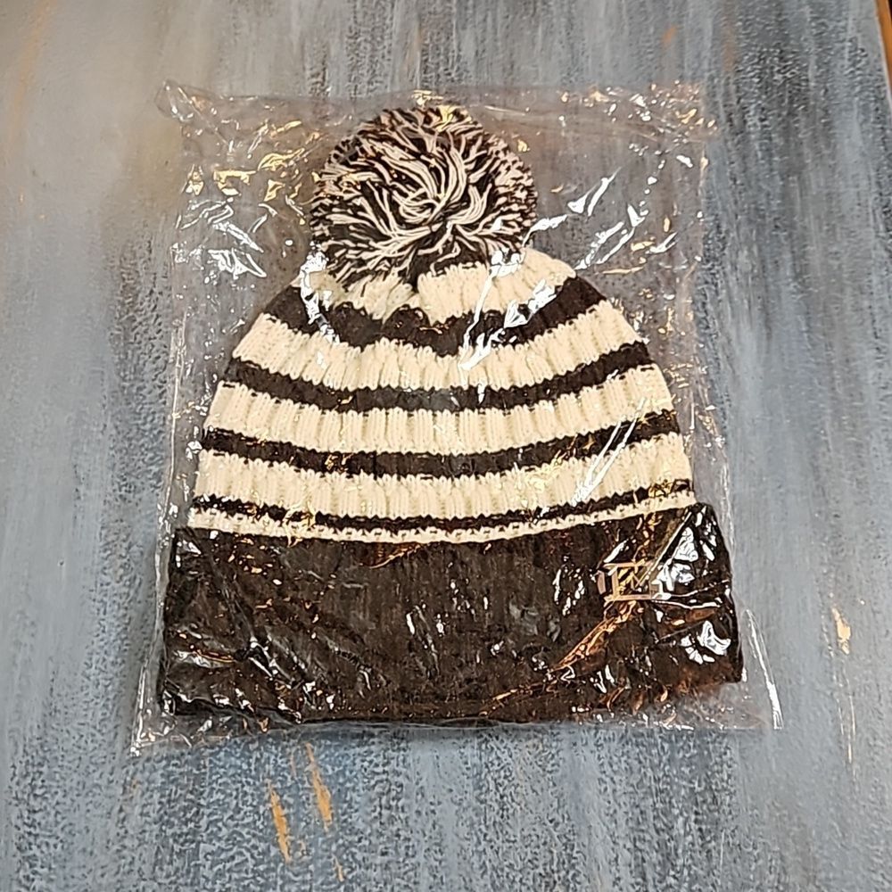 New In Package Black & White Striped Beanie with Pompom | Winter Hat
